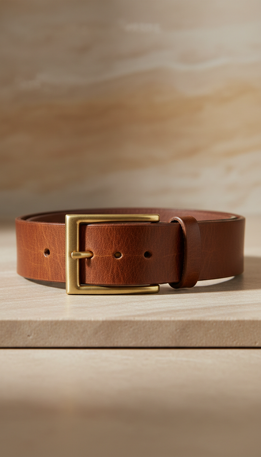 Brown leather belt with brass buckle